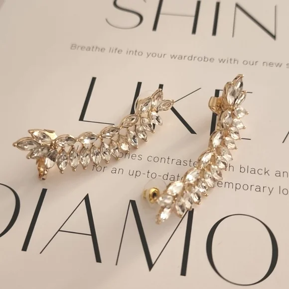 CZ MARQUISE Faceted Gold Statement Cuff Climbing Earrings Wedding Bridal - Picture 7 of 13